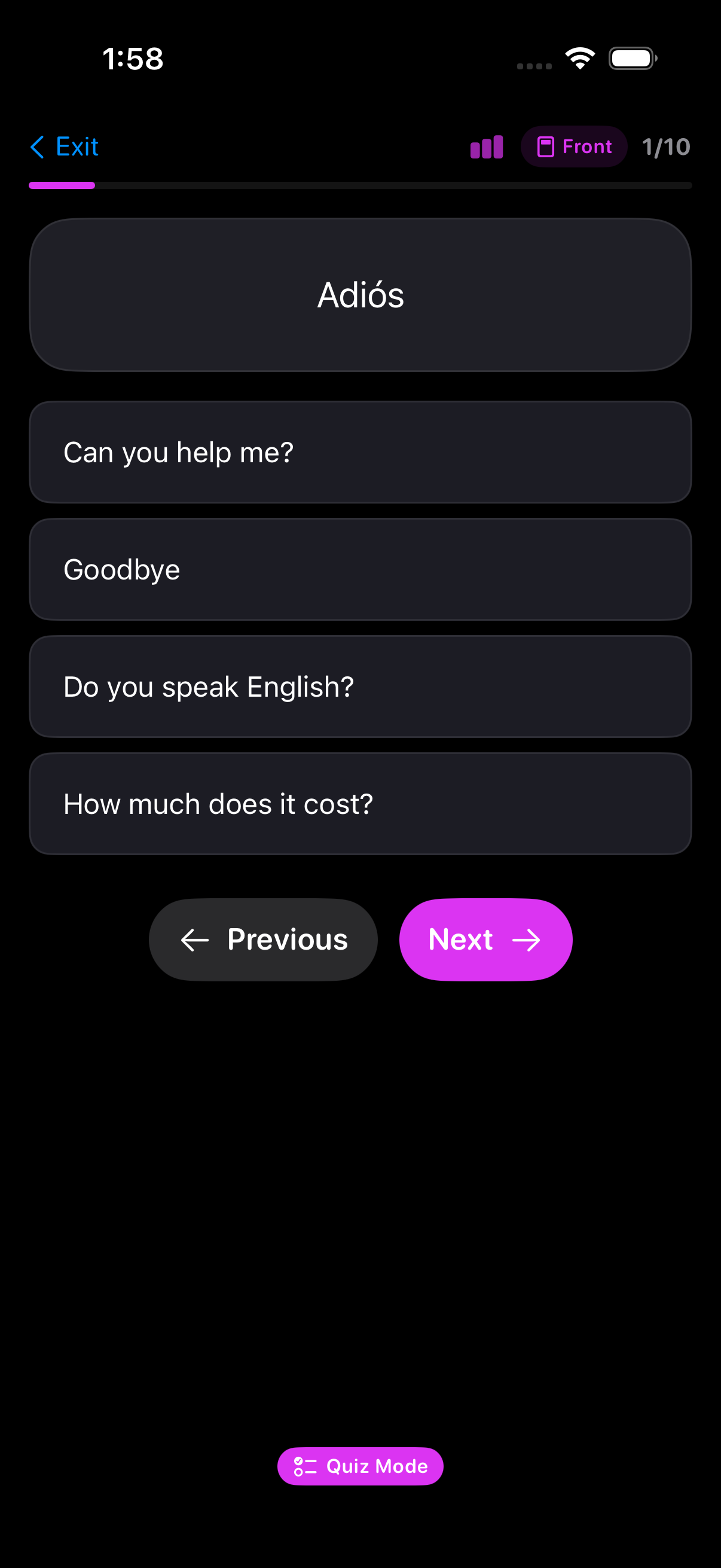 Ink Flashcards quiz screen on iPhone